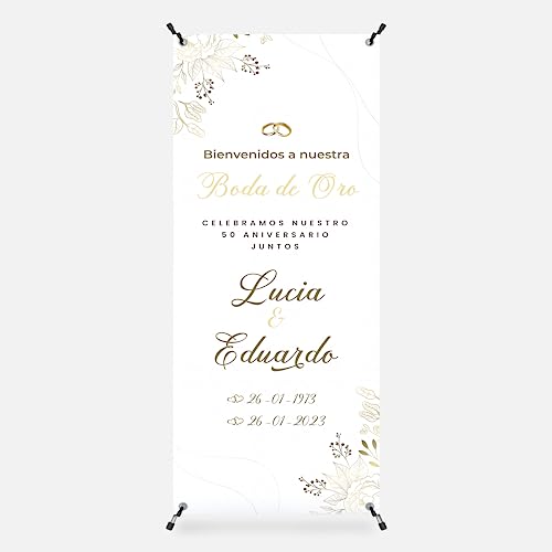 Photocall Personalizado para Bodas de Oro de 70x180 cm - Nombres de la Pareja y Fechas Personalizables - Decoración Especial para Celebrar 50 Aniversario llenos de Amor (Modelo 1)