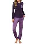 Demegimi Womens Pajamas Set Long Sleeve Tops and Drawstring Pants Ladies Pajamas Cotton Loungewear Soft Nightwear V Neck Leisure Pjs Suit Purple M