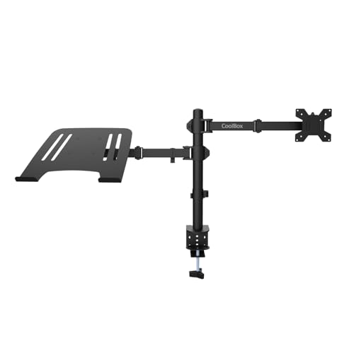CoolBox MP01 - Soporte Monitor y Portatil, Pantalla hasta 8 kg y 32', Portátiles hasta 17', VESA 75x75 y 100x100, Altura, Inclinación y Giro Ajustables, Bandeja Inclinable. Negro