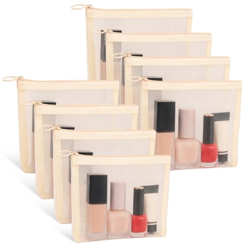 Fassave 8 Pack Mini Zipper Mesh Makeup Bags, Nylon Cosmetic Bags Toiletry Purse Travel Organizer Bags Inside Bag for Office Travel Organization (Widened-Beige, S)