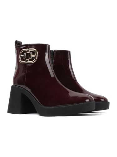 Image of ELLE Women's Glossy Platform Ankle Bootie Chunky Heel with Gold-Tone Emblem