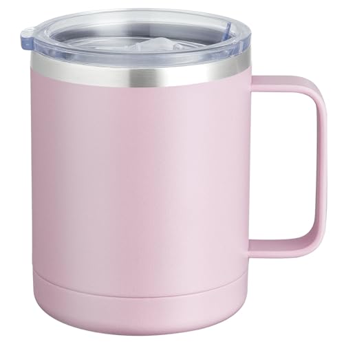 Image of MEWAY 12oz Coffee Mug With Handle and Sliding Lid,Stainless Steel Travel Tumbler Cup with Handle,Double Wall Vacuum Insulated Camping Cup for Hot & Cold Drinks Tea (Pink,Set of 1)