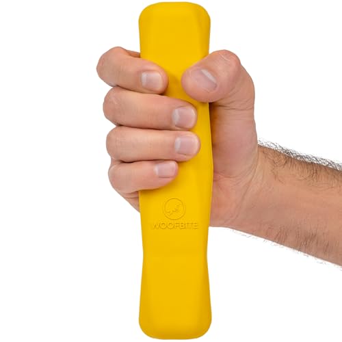 WoofBite Indestructible Chew Stick - Lifetime Replacement - Aggressive Chewers, Medium Large Breed - Non-Toxic Natural Rubber Dog Toys - Yellow (Highly Visible Color for Dogs) - Tug & Fetch - 8x1.75