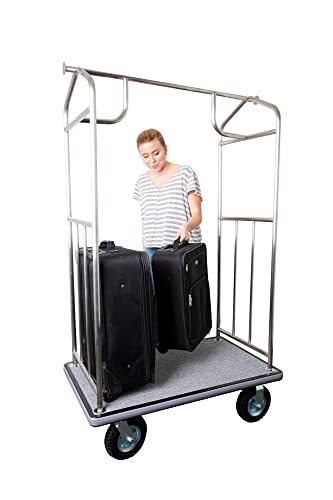 Value Valet Hotel Luggage Cart – for Commercial Use, Condos, Resorts – Stainless Steel Bellman Trolley Cart w/ 6” Air Filled Tires & Gray Carpet, 800 lb Load Capacity