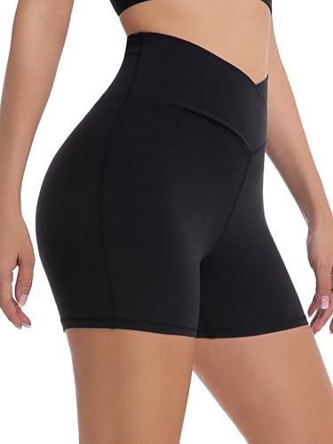 Womens Crossover Biker Shorts with Tummy Control V High Waisted Booty Criss Cross Shorts for Workout Yoga 4''