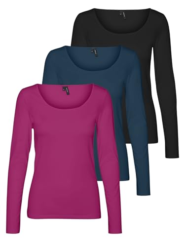 VERO MODA Damen VMMAXI My LS Soft UNECK 3-Pack, Festival Fuchsia/Gibraltar Sea/Black, L – Ansicht 1