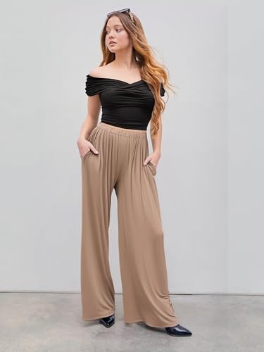 Image of CIDER Palazzo Pants for Women Wide Leg Flowy Pants with Pockets Elastic Mid Waist Summer Beach Vacation Outfits Lightweight