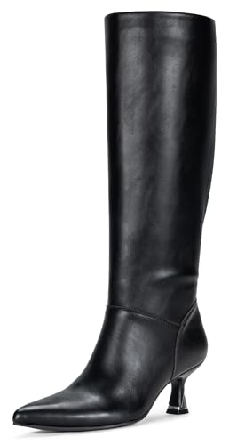 Image of Vepose Women's Knee High Tall Faux Leather Boots, Pointed Toe Kitten Heeled Dress Ladies Fashion Riding 9525 Boots with Side Zipper, Elegantes Casual Comfort Botas Trendy Para Mujer