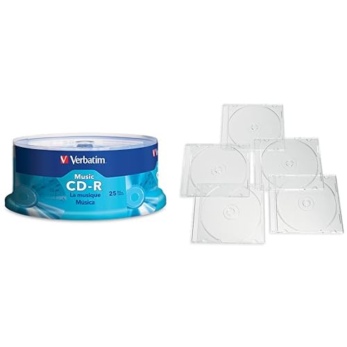 Image of Verbatim Audio CD-R 25 Discs Spindle + 25 Clear Slim Storage Cases - Data & Music Recording Bundle