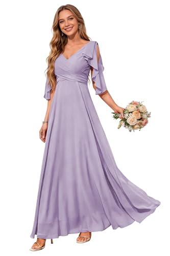 Image of Chiffon Bridesmaid Dresses for Women with Sleeves Long V Neck A Line Ruched Formal Evening Party Gown Wisteria US0