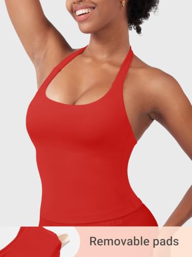 Image of YEOREO SoftHue Women's Impact Halter Tank Top Longline Backless Scoop Neck Built-in Bra Sports Workout Gym Crop Top