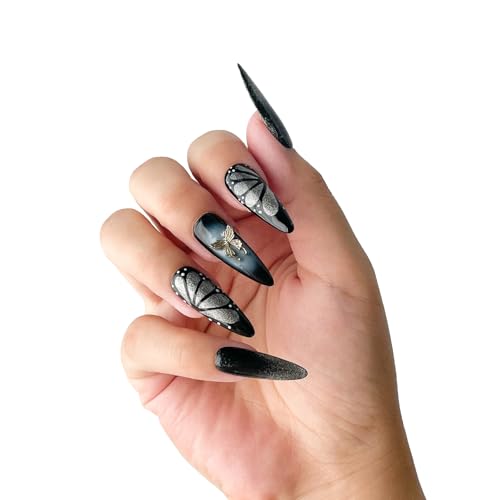 Press On Nails Long Stiletto, Handcrafted False Nails with Designs, Artificial Fingernails, Black Elegant Butterfly, Easily Apply, Perfect Fit, Tool Kit Included (Black, M)