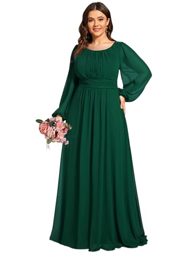Ever-Pretty Abendkleider Elegantes Damen Für Hochzeit Lang Langarm Brautjungfernkleid Chiffon V-Ausschnitt Ballkleider Dunkelgrün 46
