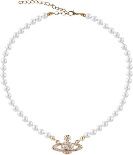 YURESEN Saturn Pearl Necklace White Pearl Bead Choker for Women Teen Girls Crystal Rhinestone Constellation Planet Necklace for Girlfriend Confessions Weddings (Gold1)