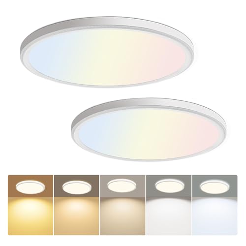 hunhun 2 Pack 3200lm LED Flush Mount Ceiling Light 12 Inch, 5CCT Adjustable,Super Slim 0.87 inch led Ceiling Light Fixture for Bedroom, Living Room, Dining Room (White, 2-Pack)