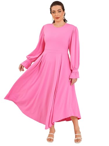 Image of Baczoe Plus Size Long Sleeve Church Dress for Curvy Women | Maxi Length, Elegant Formal Style, Flowy A-Line Shape, Two Side Pockets