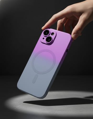 Image of amazon basics Gradient Mag-Safe Case for iPhone 15 | Soft Silicone Shockproof Cover with Camera Protection | Slim Lightweight Design | Smooth Touch & Durable - Purple & Gray