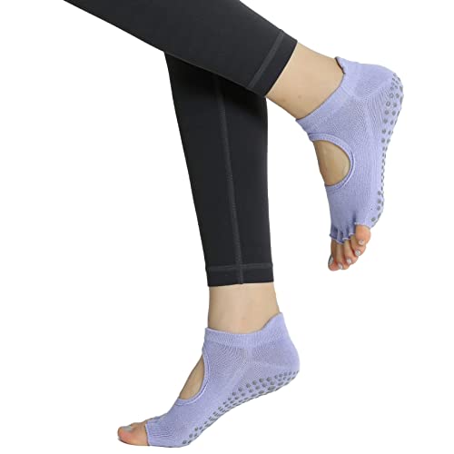 Image of Yoga Pilates Toe Socks Toeless Socks with Grips for Women Non Slip Cushioned Low Cut Ankle Socks for Dance