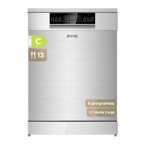 Lavavajillas EVVO D1Y - 60 cm, 13 Servicios, Clase Energética C, 6 Programas, Funcionamiento Silencioso, Apertura Automática, Media Carga, Inicio Diferido 24h, Bloqueo Infantil (Inox)