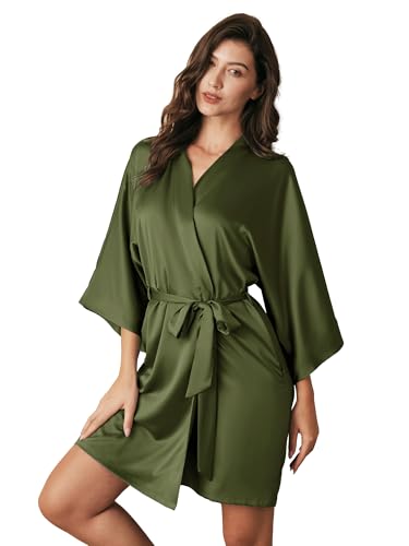 AW BRIDAL Small Green Olive Bridesmaid Robes for Bridal Party and Wedding Day Short Silk Robe with Pockets for Women Knee Length Satin Kimono Bathrobe Sexy Dressing Gown S