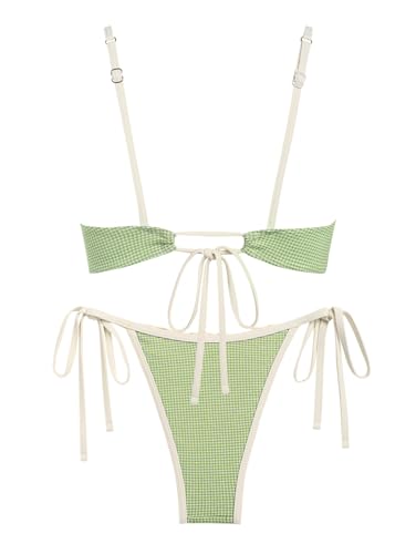 ZAFUL Bikini Sets for Women Plaid Ruffles Trim Swimsuit Sexy Tie Back Bowknot Triangle High Cut Tie Side Thong Bathing Suit2