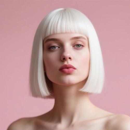 winacdkil Short White Bob Wig With Bangs - Short Straight Bob Bangs Wig 12Inch Heat Resistant Synthetic Hair Natural Looking For Daily Party Use (White 12 Inch)