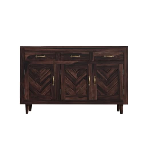 Image of Solid Sheesham Wood Sideboard Cabinet Storage with 3 Door & 3 Drawer Wooden Storage Organizer Cabinet for Home Kitchen Living Room Bedroom Hallway Dinning | Walnut Finish | Pre-Assembled