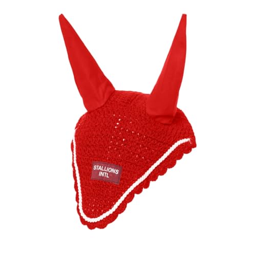 Stallions Intl Horse Ear Fly mask Bonnet Handmade Soft Crochet Cotton Ears net Veil Hood Cover Protection for Equestrian Riding Horses Training Jumping (Red)