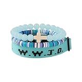 BRRDASJO WWJD What Would Jesus Do Glaubens Armband-Set, Kreuz Perlenarmbänder, verstellbares Stretch Armband mit Ton- und Natursteinperlen, Geschenk for Frauen und Männer.(Blue)