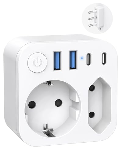 Deutschland Nach Italien Steckdose Mit 4 USB (2 Typ-C) 2 Fach Reiseadapter Italien Reisestecker Schuko Auf Typ L für Syrien Uruguay Chile Malediven Weiß