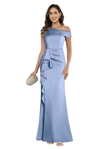 POMUYOO Satin Mother of Bride Dress for Women One Shoulder Mermaid Long Formal Evening Party Gowns for Wedding4