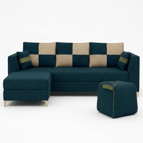 Image of FURNY Signature Cresta 5-Seater L-Shape Sofa Set with Movable Ottoman & Suri Pouf | Flexible LHS /RHS Layout | Boston Fabric | 40D Foam + Zigzag Spring | 3-Yr Warranty (Ocean Teal-Beige)