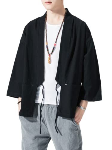 Image of Men's Japanese Kimono Cardigan Loose Cotton Linen 3 /4 Sleeve Open Front Casual Summer Shirt Jackets
