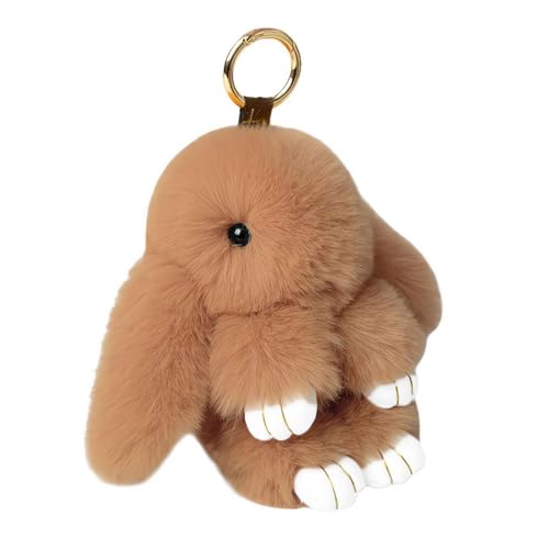 Porte-clés en forme de lapin en peluche douce et mignonne en fourrure de lapin Rex pour voiture, sac à main, sac à main (camel)