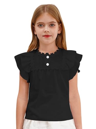 Aislor Blusa para Niñas Camisas Casuales De Manga Corta con Volantes Color Sólido Ropa Princesa Top Informal De Verano Negro 13-14 años