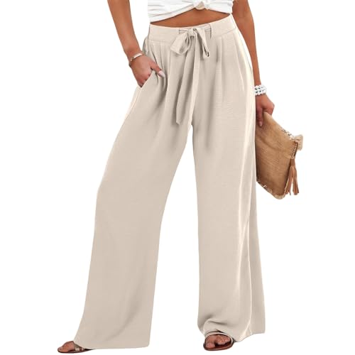 Women's Linen Pants 2025 Summer High Waisted Wide Leg Palazzo Pants Flowy Beach Pants Plus Casual Loose with Pockets