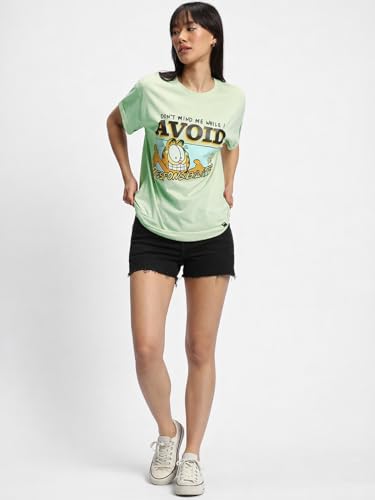 Image of Bewakoof X Official Garfield Merchandise Women's Selective Participation Graphic Printed 100% Cotton T-Shirt - Boyfriend Fit, Round Neck, Half Sleeves, Loose Fit