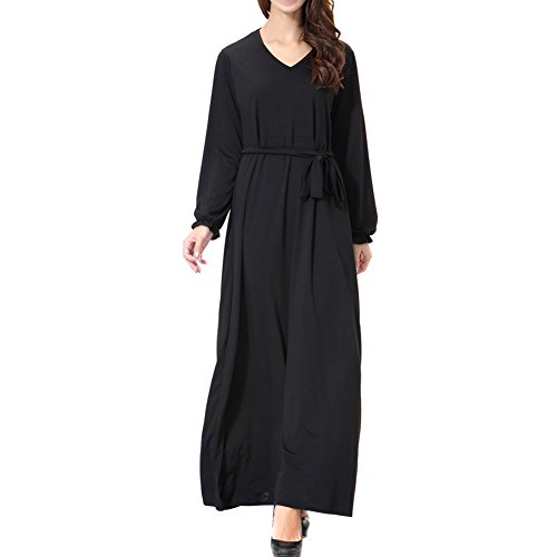 Meijunter Muslim Türkei Dubai Ethnische Kleidung V-Neck mit Gürtel Robe Kaftan Mittlerer Osten islamisch Lange Ärmel Abaya Malaysia Cocktail Gown Gebet Maxi Kleid,TH907 Cover