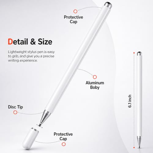 Image of MIZI Universal Capacitive Stylus Pen for Touch Screens - Fine Point Disc Tip, Magnetic Cap, Lightweight Aluminum Body, High Precision for iPad, iPhone, Android, Tablet & All Devices - White