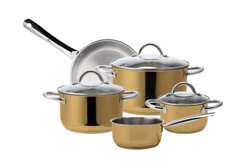 ECHTWERK Induktion Kochtopf-Set aus hochwertigem Edelstahl,8-teiliges Kochgeschirr,Töpfe mit Glasdeckel,3 x Kochtopf,Stielkasserole und Bratpfanne,Für alle Herdarten geeignet,Gold-Edition,EW-TS-8030G