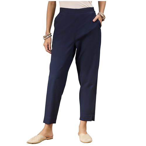 Image of D K W Women's Mid Rise Relaxed Fit Cotton Flex Trousers with Elastic Back & Drawstring - Ideal for Winter, Formal, Office & Casual Wear, Comfortable for Girls and Women