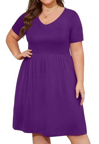 Image of DB MOON Women Plus Size Dresses 2026 Summer Casual V Neck Short Sleeve Knee Length Dress with Pockets