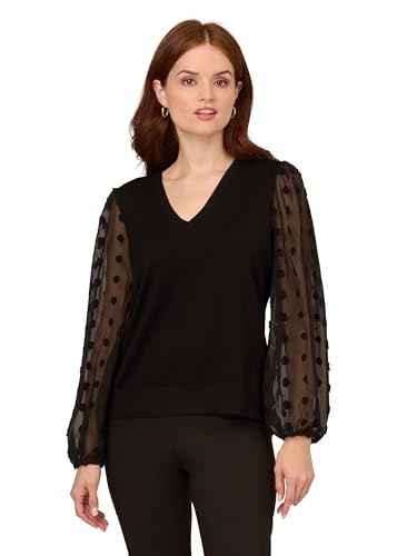 Adrianna Papell Women's V Neck 3/4 Woven Bubble Sleeve Sweater