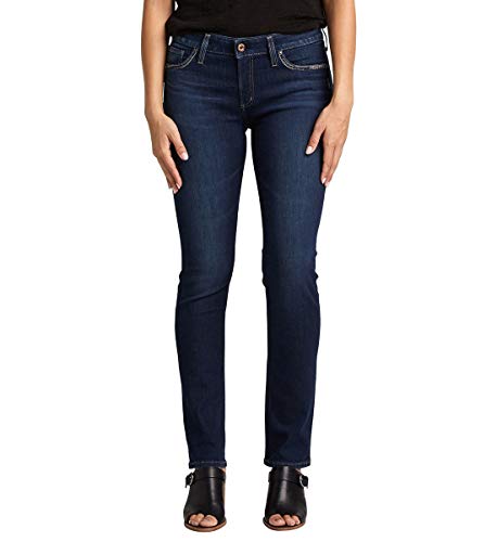 Silver Jeans Co. Women's Elyse Curvy Fit Mid Rise Straight Leg Jean, Dark Indigo Rinse, 27W X 34L