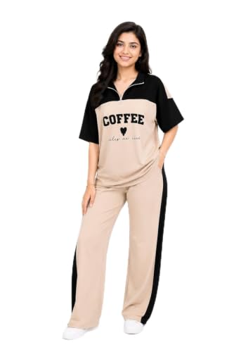 Image of Women's Printed Night Suit Set | Half Sleeve Zip Neck Top & Wide Leg Pyjama | Soft Cotton Blend Two Piece Sleepwear | Relaxed Fit Lounge Wear & Home Wear for Women