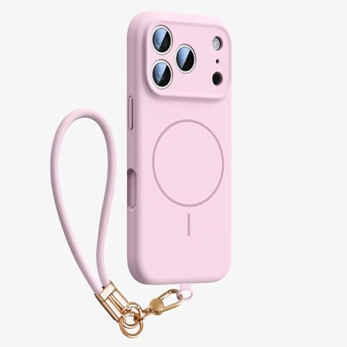 Coque mince iPhone 17 antichoc rose avec dragonne pour éviter les chutes