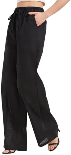 Zylioo Linen Pants Women Tall 30 Inseam, Lightweight Palazzo Pants for Tall Ladies, High Waisted Wide Leg Casual Pants Black
