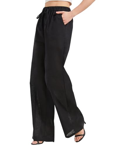 Zylioo Linen Pants Women Tall 30 Inseam, Lightweight Palazzo Pants for Tall Ladies, High Waisted Wide Leg Casual Pants Black