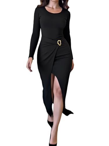 CHICME Women's Bodycon Midi Dress 2025 Long Sleeve Ruched Waist Slim Fit Slit Buckle Decor Dress Cocktail Party Dress2
