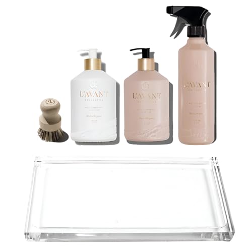 Image of L'AVANT Collective Luxury Home Essentials High Performing Dish Soap, Hand Soap, Multipurpose Cleaner Spray, Scrub Brush, Lucite Tray Luxurious Ingredients Reusable Bottles (Blushed Bergamot)